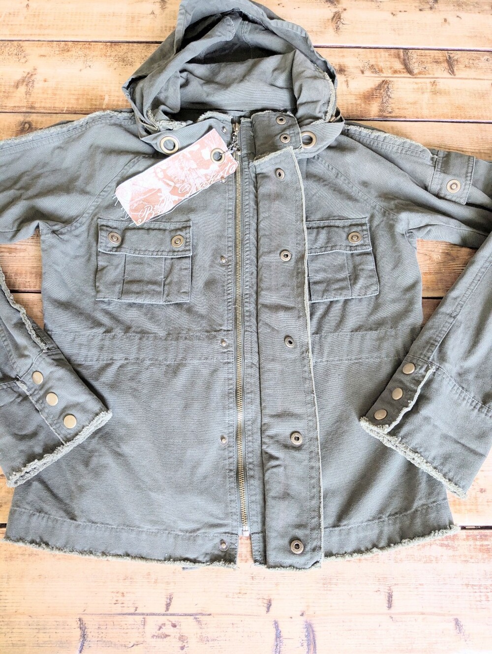 2000s Y2K Utility Jacket Hooded Military Cargo Green Cotton Large - Picture 6 of 15